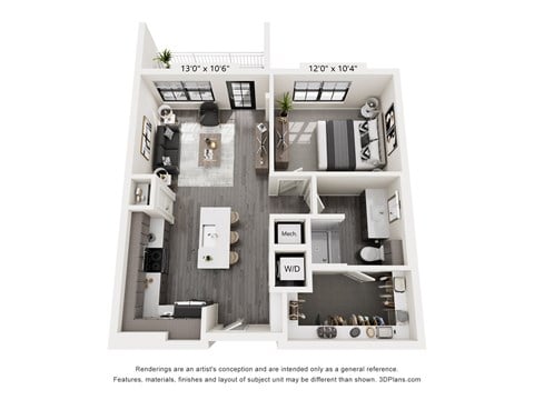 Floor plan for 1 bed, 1 bath, 673 sqft